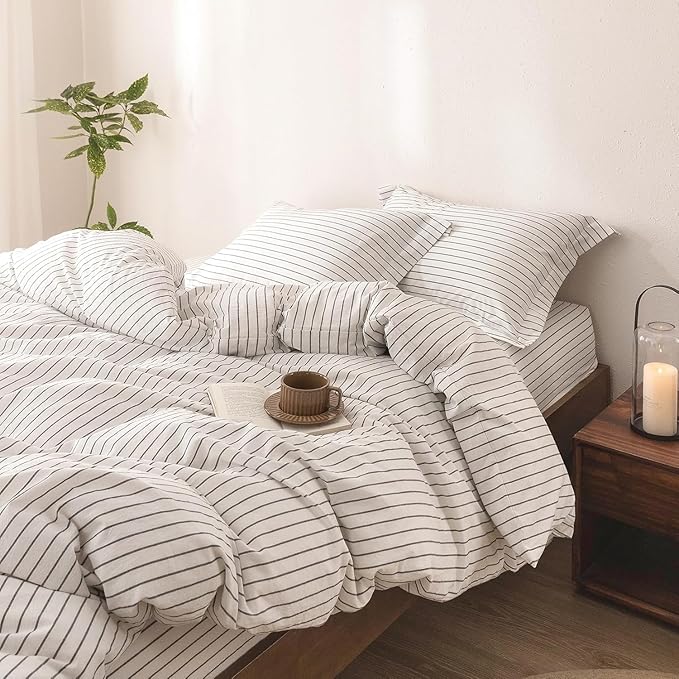 Stripe Duvet Cover Oversized King Size 120inch x 98inch, 100% Washed Cotton Linen Feel Duvet Cover with Zipper Closure and 2 Pillowcases, Color of White-Dark Grey Stripe