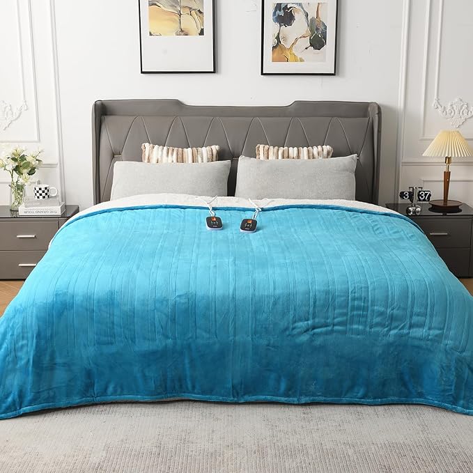 WOOMER Heated Blanket King Size,Durable Flannel and Soft Sherpa,Dual Control,90” × 100” Electric Blanket, 10 Heat Levels&0.5-12h auto-Off, Overheat Protection,Energy Efficient
