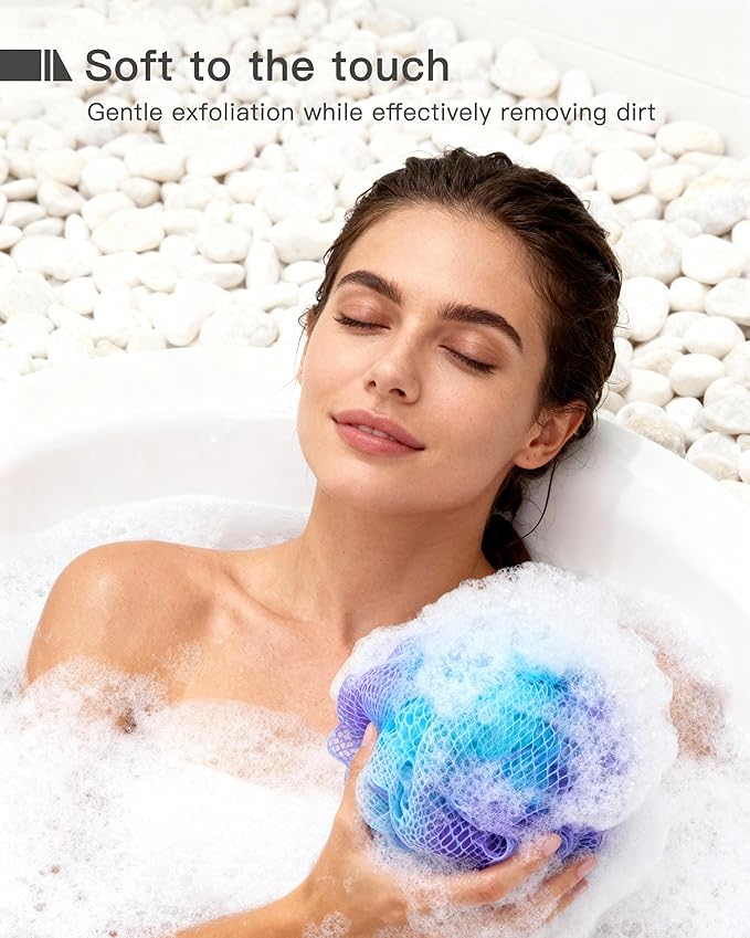 Large Bath Sponge Pouf 70g, 6.3 Inch Exfoliating Shower Loofah, Soft Durable PE Mesh with Reinforced Knotting, Rich Lather Body Wash Scrubber, 4-Pack Elegant Colors Gift Set（A-4Pcak）