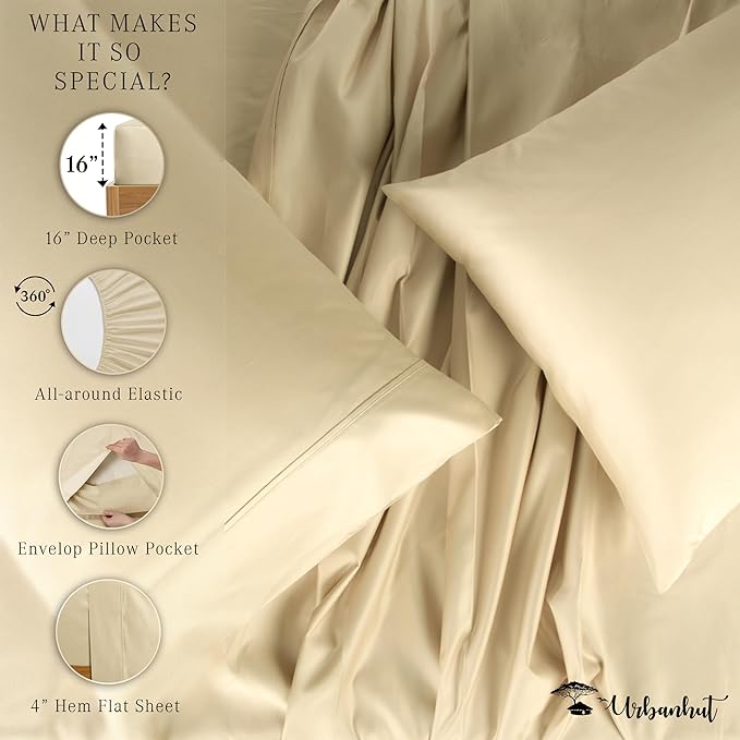 URBANHUT 100% Egyptian Cotton Sheets - 1000 Thread Count Queen Sheet Set (4Pc), Sateen Weave Luxury Hotel Sheets - Fits Upto 16" Mattress - Sand(Beige)