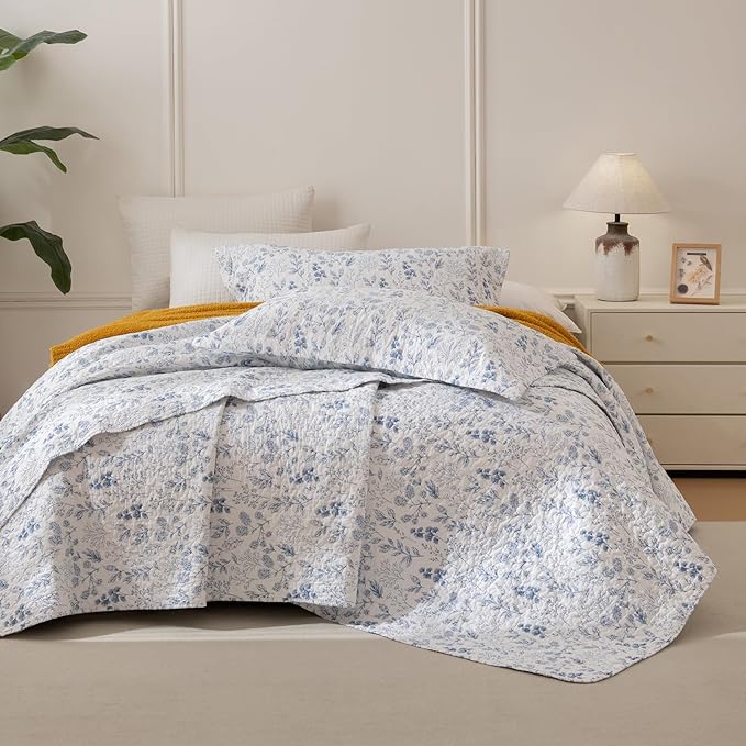 Lady Ann Queen Size Cotton Quilt Sets - Blue and White Floral & Leaves Pattern Botanical Printed Quilted Bedding, 3 Pcs Lightweight Soft Bedspread Sets Queen Coverlet for All Season