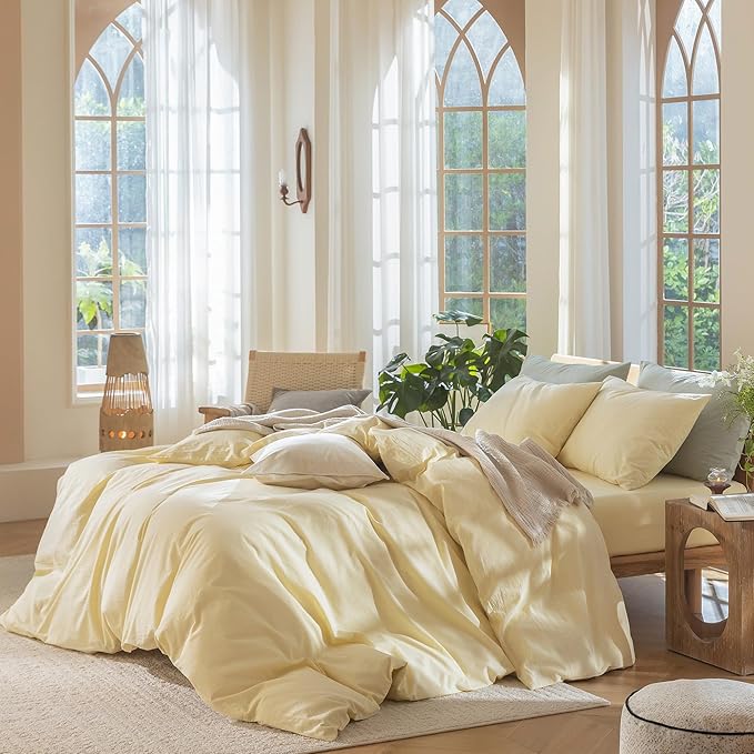 MooMee Bedding Duvet Cover Set 100% Washed Cotton Linen Like Textured Breathable Durable Soft Comfy (Heathered Butter Yellow, Palatial King/Oversized King 120"x98")