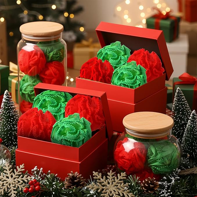 Duraaamo 12 Pcs Christmas Bath Loofah Sponge, Red Green Exfoliating Body Scrubber 50g Bath Shower Loofah Sponge Pouf Puff Mesh Shower Pouf Balls Soft Quick-Dry Cleanse Skin Accessories for Women Men