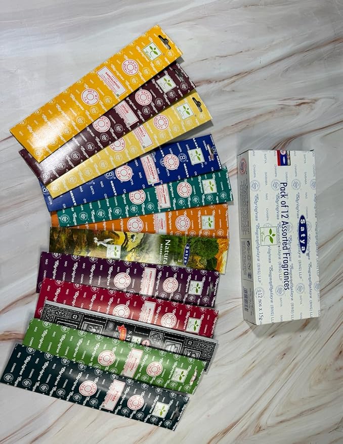 Satya Incense 15g Set of 12 Nag Champa, Super Hit, Sacred Sandalwood, Pure Patchouli, Mystic Rose, Vanilla, Prana, Natural, French Lavender, Opium, Egyptian Jasmine, Champa, VarietyPack01