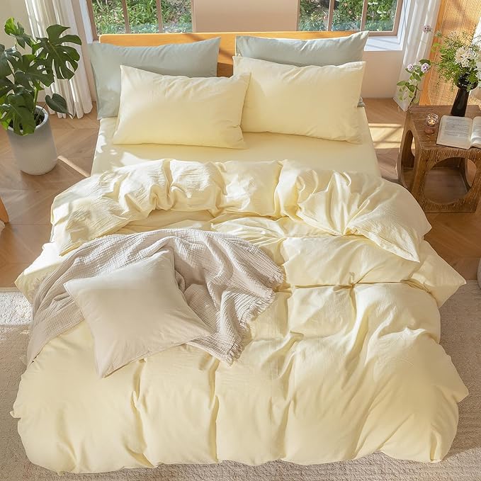 MooMee Bedding Duvet Cover Set 100% Washed Cotton Linen Like Textured Breathable Durable Soft Comfy (Heathered Butter Yellow, Full 80"x90")