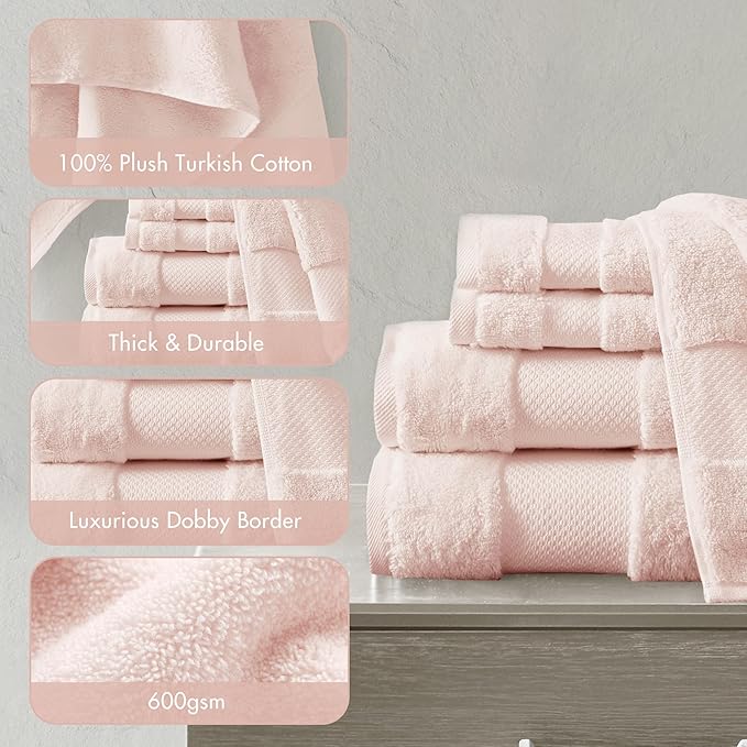 Madison Park Turkish 100% Cotton 600Gsm Luxury Premium Thick Soft Absorbent Hotel Bathroom Towel Set Shower Hand Face Washcloths, Assorted Sizes, Blush 6 Piece