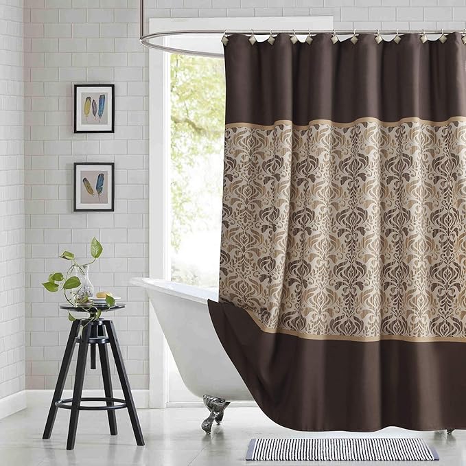 Stall Fabric Shower Curtain, 54 x 72 Inch Brown Damask Print Waterproof Small Shower Curtains for Bathroom