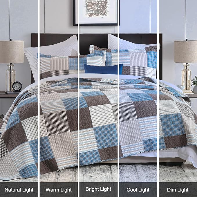 Uniclinens Plaid Quilt Set Queen Size, 100% Cotton Patchwork Quilt Bedding Set Bedspreads, Farmhouse Lightweight Comforter Quilted Quilt, 3 Pieces Set with 2 Pillowshams, Blue/Brown/White