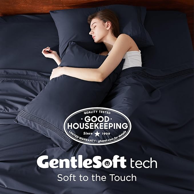 Bedsure Twin XL Sheets Dorm Bedding, GentleSoft Breathable Extra Long Twin Sheets & Pillowcases, Moisture Wicking Cooling, Deep Pocket Fits Mattress Up to 21 Inches Thick, Navy