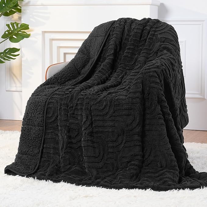 Sherpa Fleece Adult Weighted Blanket Great for Sleep, 15 lbs Dual Sided Soft Fuzzy Heavy Blankets for Couch Bed Sofa, Cozy Warm Fluffy Arched Jacquard Throw for Winter (Black, 48" x 72", 15 Pounds)