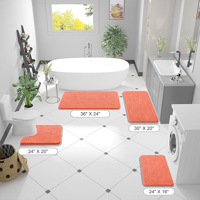 OLANLY Toilet Rugs U-Shaped 24x20, Extra Soft Absorbent Chenille Contour Bathroom Rugs for Toilet, Dry Quickly, Machine Washable, Non-Slip Bath Mat, Coral