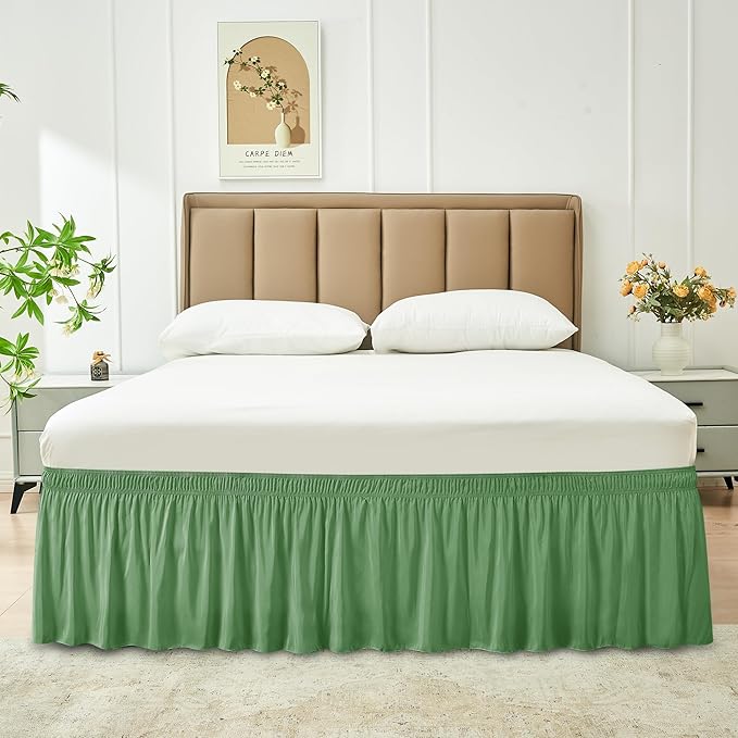 Biscaynebay Wrap Around Bed Skirts for King & Cal King Beds 14" Drop, Sage Adjustable Elastic Dust Ruffles Easy Fit Wrinkle Resistant Silky Luxurious Fabric Machine Washable