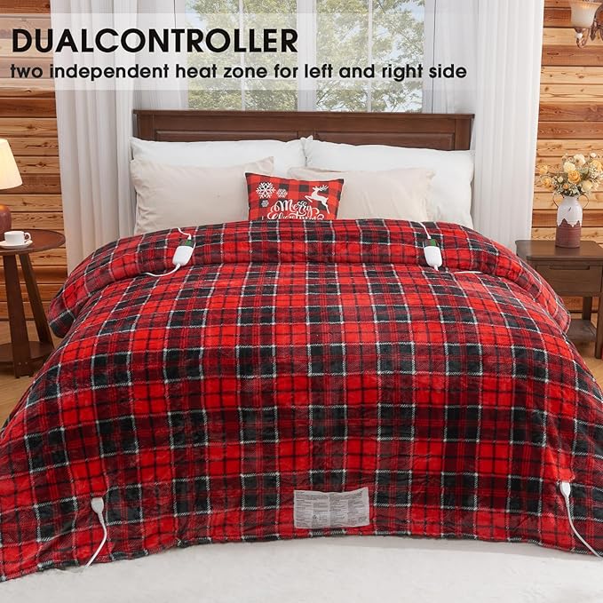Electric Heated Blanket King Size, 90X100 Christmas Blanket with Dual Control&10 Heats Levels&Timer for Bed,Large Red Plaid Soft Sherpa Heating Blankets Warmer Gifts for Grandma Women Adults