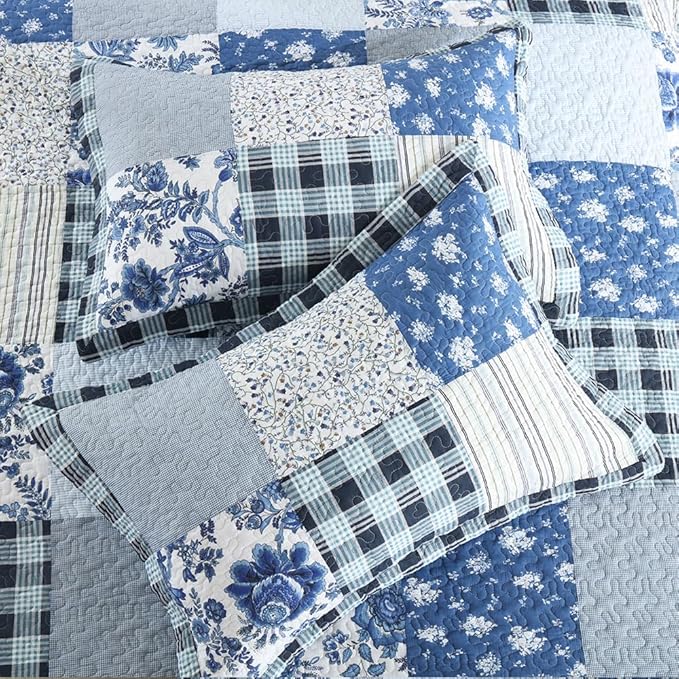 Cotton Bedspread Quilt Bedding Sets 3 Pieces Reversible Coverlet Sets Comforters Rustic Floral Patchwork Blue White Bedspread, Queen Size