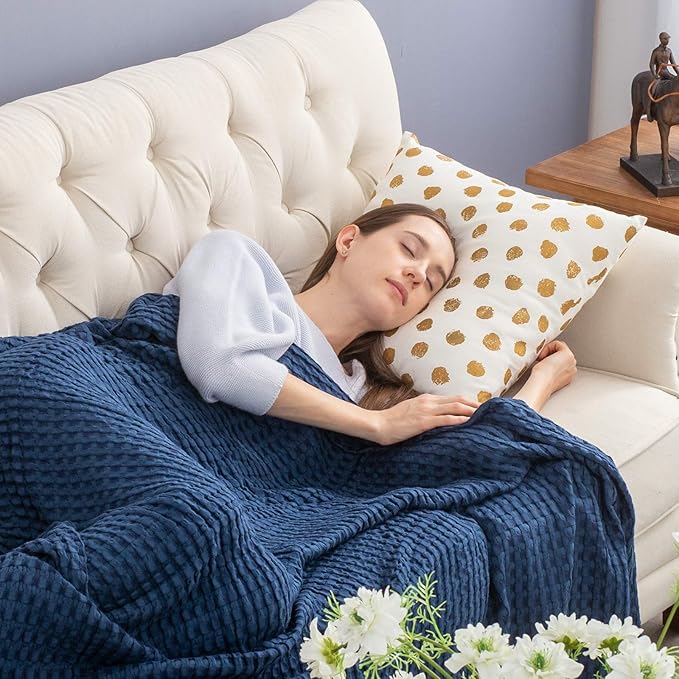 Bedsure Cooling Cotton Waffle Twin XL Blanket - Lightweight Breathable Blanket of Rayon Derived from Bamboo for Hot Sleepers, Luxury Throws for Bed, Couch and Sofa, Navy, 66x90 Inches