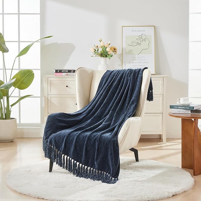 CozeCube Chenille Throw Blanket for Couch, Cozy Plush Fuzzy Decorative Navy Blue Blanket with Fringe Tassels, Lightweight Throws for Bed Sofa Gift Home Decor, 60"X80"