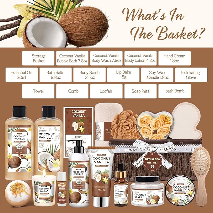 Christmas Gifts For Women - 16 PCS Gift Basket for Women Set of Coconut Vanilla Self Pampering Set, Includes Luxurious Home Spa Shower Gel Bubble Bath