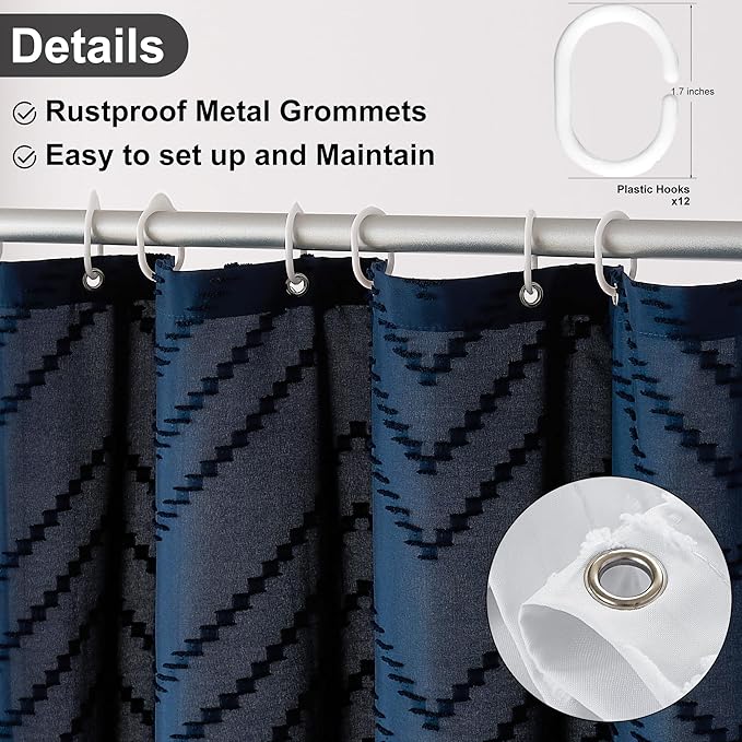 Extra Long Boho Navy Blue Shower Curtain, Woven Fabric Shower Curtain, 72 x 96, Tufted Striped Modern Chic Textured Cloth Shower Curtains Minimalist Bathroom Decor