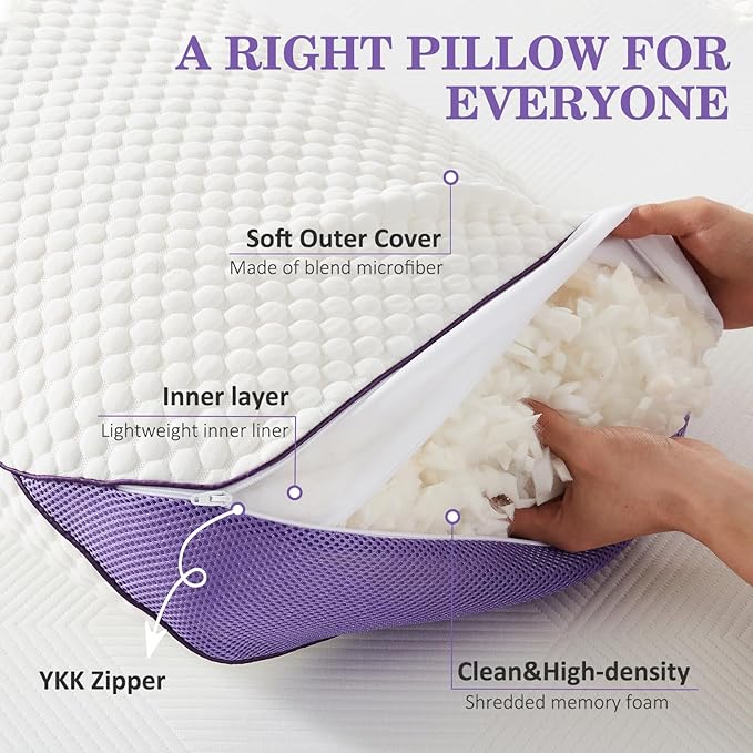 HOMELAB Adjustable Shredded Memory Foam Pillow Queen Size, Cooling Bed Pillow for Sleeping with Removable Cover, Medium Pillow for Side Stomach & Back Sleepers, 1 Pack 20"x28"