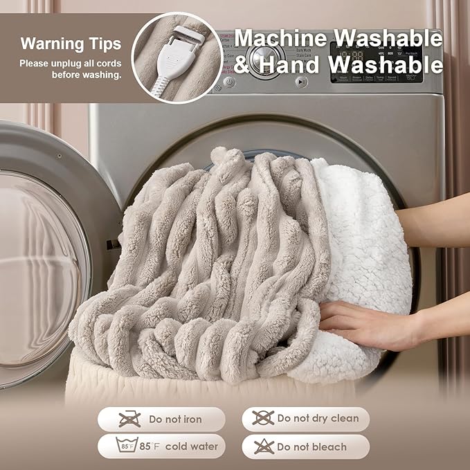Hansleep Heated Blanket Electric Blanket Throw, Heating Blanket with 9 Heating Levels and 10-Hour Timer Auto Shut Off, Washable Soft Warm Winter Blanket, 50 x 60 Inches, Linen