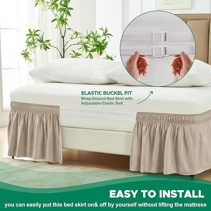Biscaynebay Wrap Around Bed Skirts for Full & Full XL Beds 14" Drop, Light Camel Adjustable Elastic Dust Ruffles Easy Fit Wrinkle & Fade Resistant Silky Luxurious Fabric Solid Machine Washable