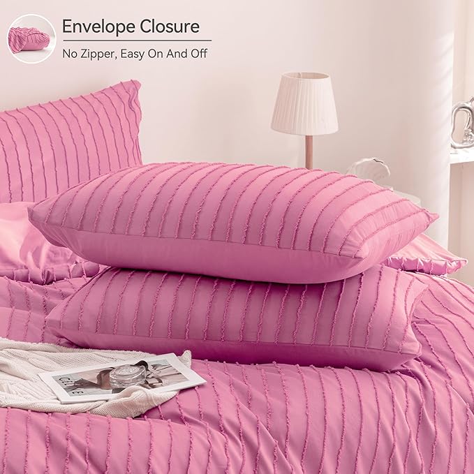 JELLYMONI Duvet Cover Queen Size Bright Pink - 3PCS Boho Striped Duvet Cover Set Polyester Tufted Bohemian Textured Comforter Cover with Corner Ties & Zipper Closure