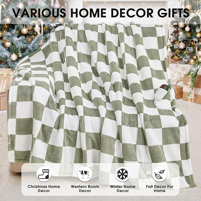 Sage Green Heated Blanket Electric Twin Size, 62X84 Heating Blanket with 10 Heat Levels & 8 Hours Auto Off, Checkered Plaid Soft Fleece Sherpa Blankets Warmer Gifts for Couch Grandma Women Adults