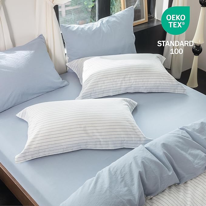 Reversible Duvet Cover Set 100% Washed Cotton Sky Blue Stripe Linen Feel Duvet Cover Queen Size with Zipper Closure & 2 Pillow Shams,Sky Blue/White Stripe Reverse Solid Sky Blue