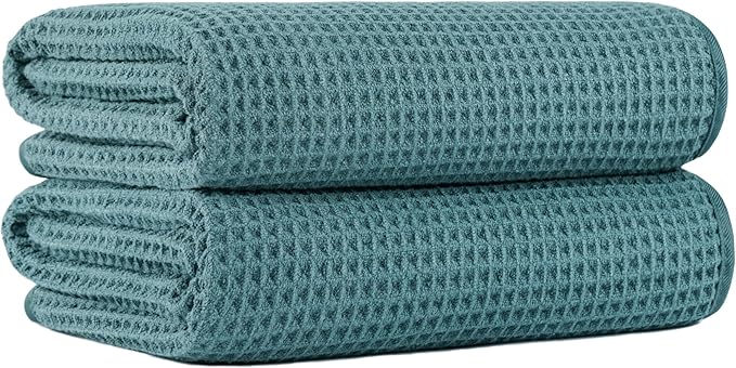 New Microfiber Waffle Bath Towels, 2 Pieces, Oversized, Soft, Absorbent, Fast Drying, Lint Free (Green)