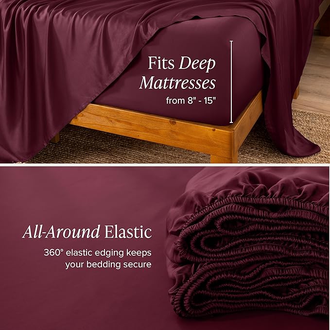 Bare Home 100% Rayon Made from Bamboo Queen Sheet Set - 4 Piece Bedding Set - Deep Pockets - Breathable - Easy Fit - Bedding Sheets & Pillowcases (Queen, Burgundy)