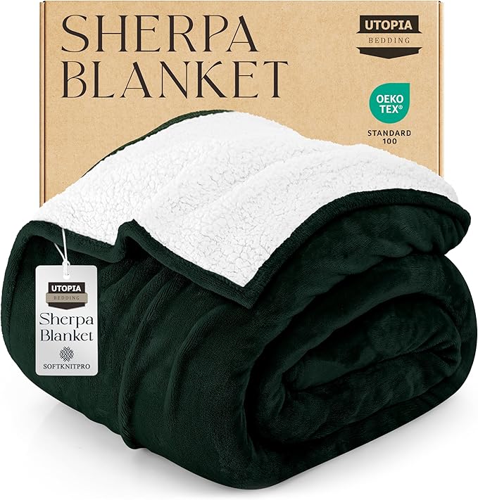 Utopia Bedding Sherpa Blanket Twin Size (Forest Green, 90x66 Inches) - Soft Lightweight Plush Fleece Reversible Blanket for Bed, Sofa, Couch, Camping and Travel
