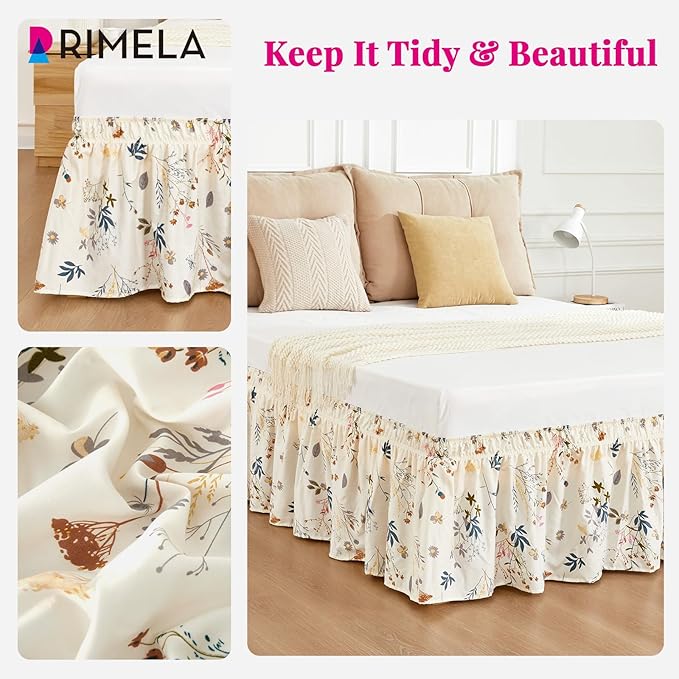 RIMELA Balloon Flower Floral Bed Skirt Queen Size 15 Inch Drop, Elastic Bed Skirting for Bed Frame, Bedding Dust Ruffle Easy to Install, Lightweight Wrap Around Adjustable Bedskirt