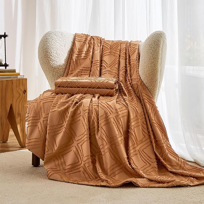 JELLYMONI Duvet Cover Twin Size Rust - 3PCS Boho Duvet Cover Set Plaid Polyester Tufted Bohemian Jacquard Knit Textured Comforter Cover 68×90in Rhombic Geometric Pattern Corner Ties & Zipper