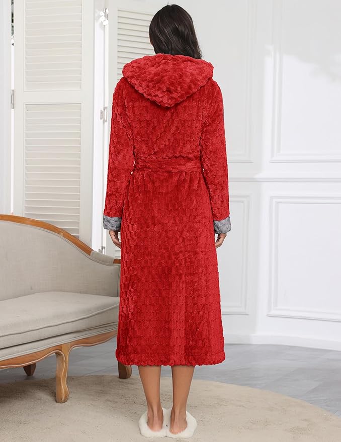 Ekouaer Womens Plush Robes Long Soft Jacquard Fluffy Bathrobe Hooded Robe Sleepwear with Pockets