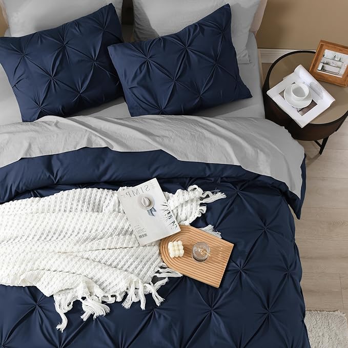 Litanika Navy Blue Pinch Pleat Duvet Cover Queen, 3 Pieces Pintuck Cover Soft Microfiber Bedding Set with Zipper Closure & Corner Ties(90x90Inch-1 Duvet Cover, 2 Pillowcases)