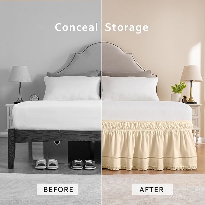 MIYE Wrap Around Ruffled Lace Bed Skirt, Elastic Dust Ruffle with Adjustable Belts, Easy to Put On, Bed Frame Cover, Machine Washable (Floral Lace/Light Beige, King/Queen-18 Drop)