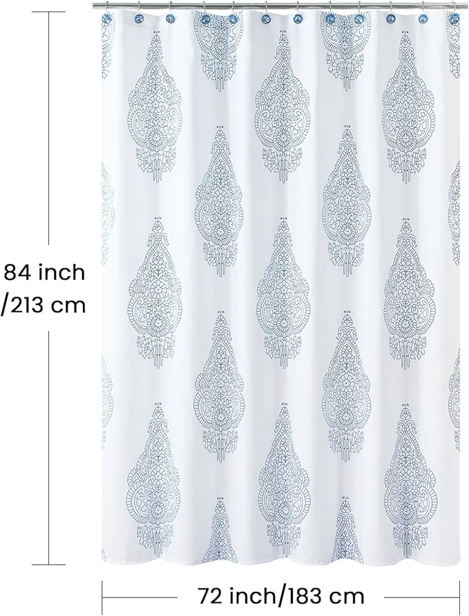 Extra Long Fabric Shower Curtain, White and Blue Paisley Damask Medallion Print Shower Curtains for Bathroom, 72" W x 84" H