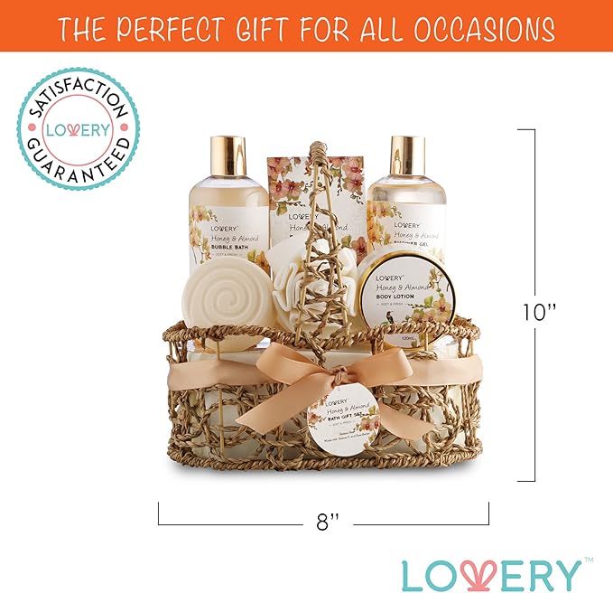 Christmas Gift Baskets for Women Gifts for Women Who Have Everything, Home Spa Honey & Almond Scent, Luxury Bath & Body Set - Shower Gel, Bubble Bath, Body Lotion, Salts, Bath Bomb, Bath Puff.
