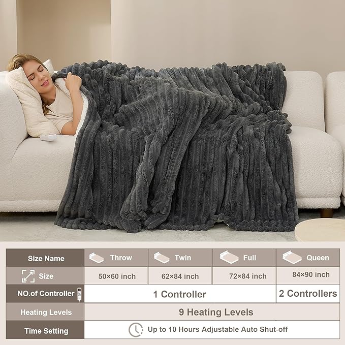 Hansleep Heated Blanket Electric Blanket Throw, Heating Blanket with 9 Heating Levels and 10-Hour Timer Auto Shut Off, Washable Soft Warm Winter Blanket, 50 x 60 Inches, Dark Grey