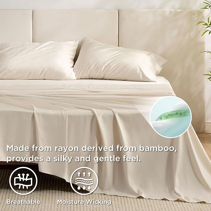 Bedsure California King Sheet Sets, Cooling Sheets, Rayon Derived from Bamboo, Breathable & Soft, Deep Pocket Up to 16 Inches, Hotel Luxury Silky Bedding for Hot Sleepers, Light Beige