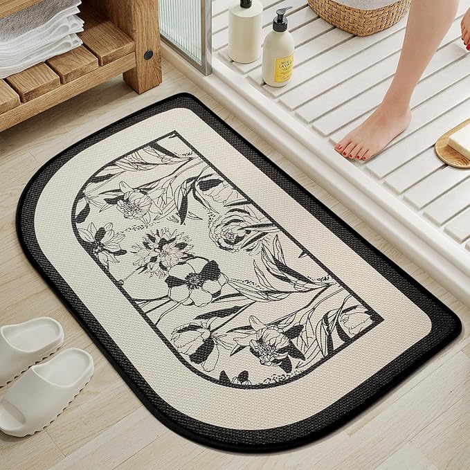 Half Circle Bath Mat,Thin Bathroom Rugs Fit Under Door Quick Dry Non Slip Washable Bathroom Mat with Rubber Backing,Absorbent Woven Half Round Shower Rug