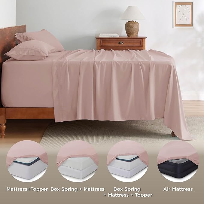 Bedsure Deep Pocket Queen Sheets Set - Fits Mattresses Up to 21 Inches Thick - 4 Piece GentleSoft Bed Sheets, Moisture Wicking, Soft & Cooling Bedsheet & Pillowcases, Easy & Secure Fit, Dusty Pink