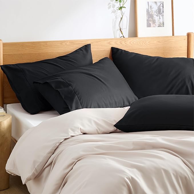Bedsure Queen Pillow Cases Set of 4 - Black Brushed Microfiber Pillowcases 4 Pack, Super Soft Pillowcase, Pillow Case Covers with Envelope Closure, Wrinkle, Fade and Stain Resistant, 20x30 Inches