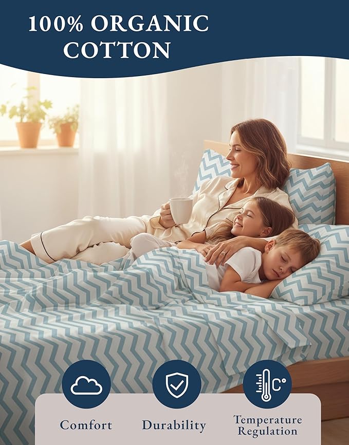 LANE LINEN 100% Organic Cotton Printed King Sheets, Soft & Comfy Percale Sheets Naturally Temperature Regulating Mercerized Cotton Fully Elasticized Printed King Bedding Set-Chevron