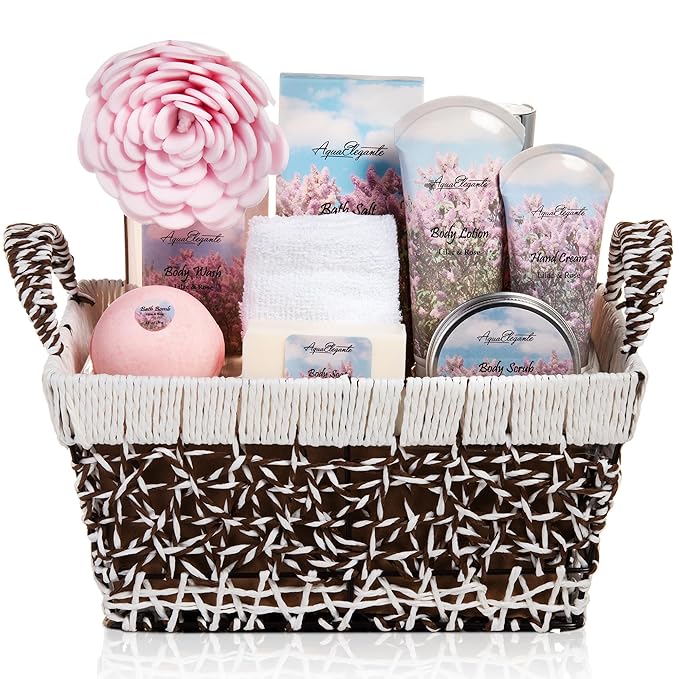 Spa Baskets For Women - Luxury Bath Set With Lilac & Rose Oil - Spa Kit Includes Wash, Bubble Bath, Lotion, Bath Salts, Body Scrub, Hand Cream, Shower Puff, Bathbombs, Soap and Towel