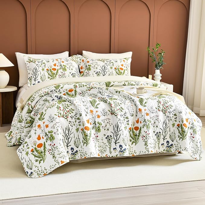 Lady Ann 100% Cotton Floral Cal King Quilt Set - Yellow Flowers & Leaves Pattern Plant Botanical Printed Quilted 118x106 Bedspread & Coverlet Set, 3 PCS Lightweight Queen Bedding Sets All Season