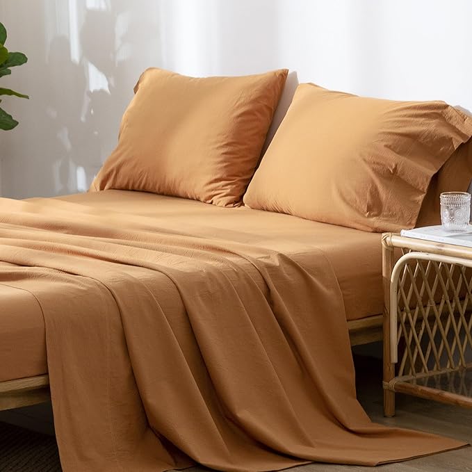 MooMee Bedding Sheet Set 100% Washed Cotton Linen Like Textured Breathable Durable Soft Comfy (Solid Burnt Orange, Twin XL)