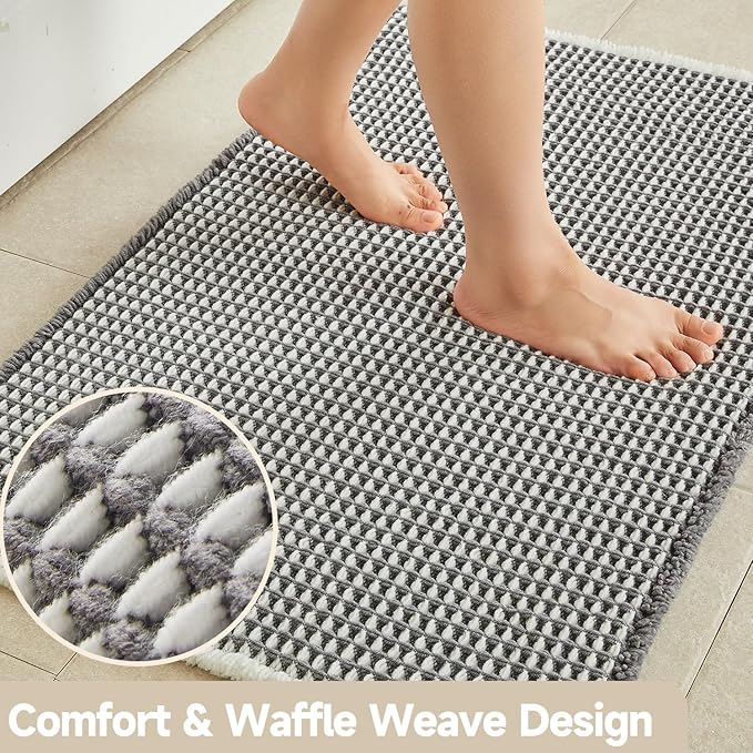 Waffle Runner Rug Bathroom, Long Boho Bathroom Rugs Non Slip Washable Super Absorbent Quick Dry Farmhouse Bath Decor, 72"x24" Grey and White