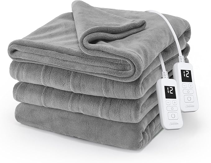 Sunbeam Electric Royal Luxe Microplush Heated Blanket, 12 Heat Settings, 12-Hour Auto Shut-Off, Fast Heating, Warm & Cozy, Machine Washable, Dove Gray Color, Queen (90" x 84")