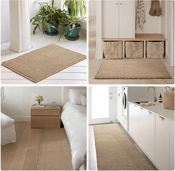 Waffle Runner Rug Bathroom, Long Boho Bathroom Rugs Non Slip Washable Super Absorbent Quick Dry Farmhouse Bath Decor, 60"x24" Beige